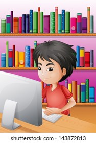 Illustration of a boy playing computer in front of the shelves with books