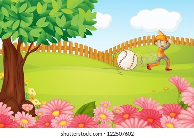 Illustration of a boy playing cricket in a beautiful nature