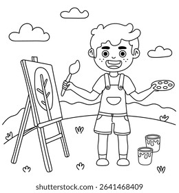 Illustration of a boy playing drawing in the field in a style, coloring for kids.
