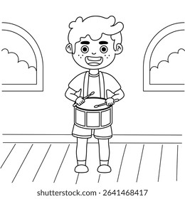 Illustration of a boy playing a drum, coloring page style for children.
