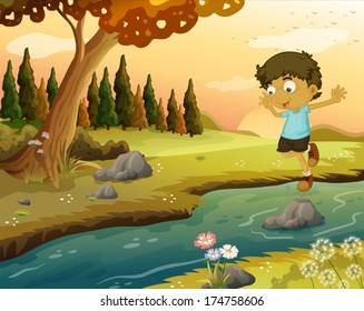 Illustration of a boy playing at the flowing water