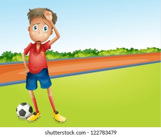 Illustration of a boy playing football in a beautiful nature