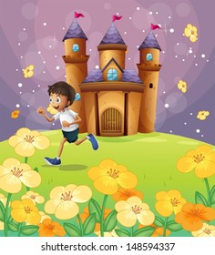 Illustration eines Jungen vor dem Schloss
