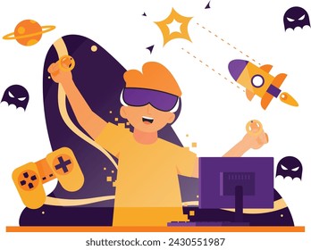 Illustration of a Boy Playing a Game Using VR