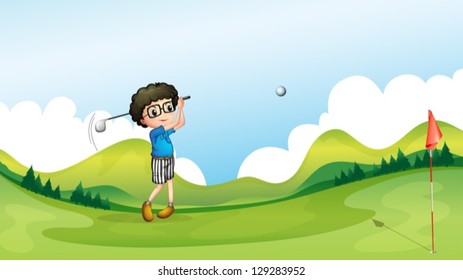 Ilustración de un niño jugando golf en el campo