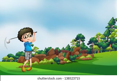 Illustration of a boy playing golf at the forest