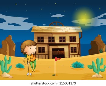 illustration of a boy playing golf in front of house