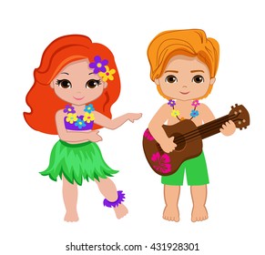 illustration of  boy playing guitar and hawaiian girl hula dancing