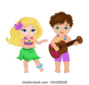 illustration of  boy playing guitar and hawaiian girl hula dancing