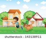 Illustration of a boy playing with his dog