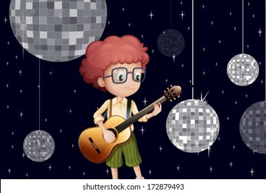 Illustration of a boy playing with his guitar at the disco house