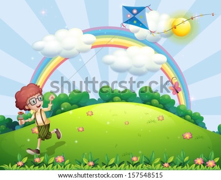 Illustration of a boy playing with his kite at the hilltop with a rainbow