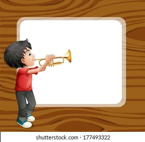 Illustration of a boy playing with his trombone in front of an empty template