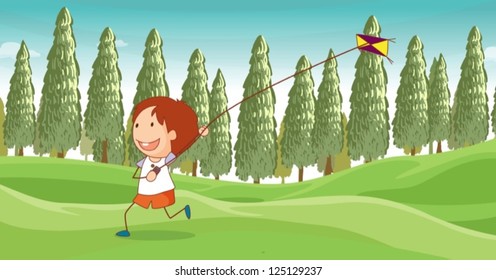 Illustration of a boy playing a kite