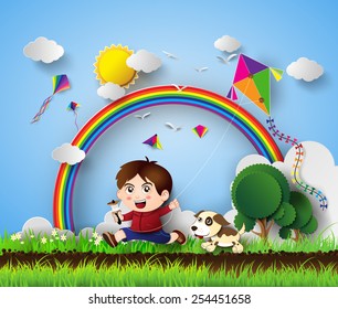 illustration of the boy playing kite with his dog .paper art style.