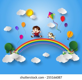 illustration of the boy playing  kite with his dog .paper art style.