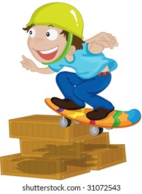 illustration of boy playing on boxes