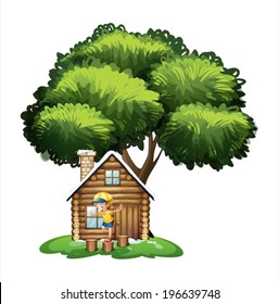 Illustration of a boy playing outside the house on a white background