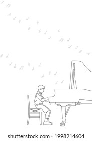 Illustration of a boy playing the piano (white background, line art, vector, cut out)