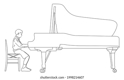 Ilustración de un niño tocando el piano (fondo blanco, línea de arte, vector, corte)