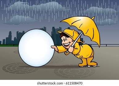 illustration of a boy playing in the rain on city background
