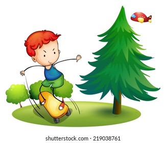 Ilustración de un niño jugando con una patineta
