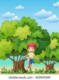 Illustration of a boy playing with the skipping rope near the trees