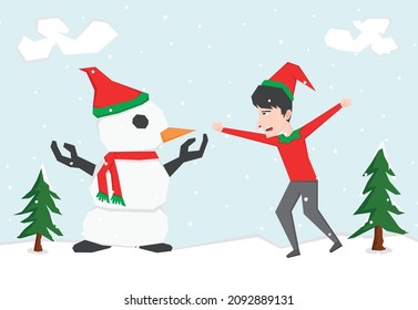 An illustration of a boy playing with snowman