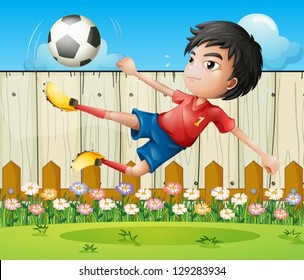 Illustration of a boy playing soccer inside the fence