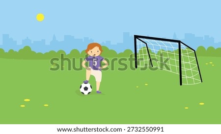 Illustration of a boy playing soccer on the field. Vector illustration