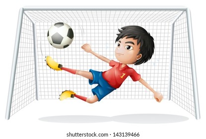 Illustration of a boy playing soccer wearing a red uniform on a white background