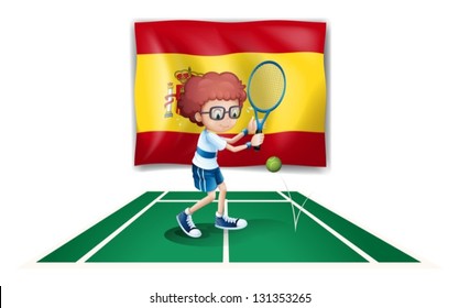 Illustration of a boy playing tennis in front of the flag of Spain on a white background