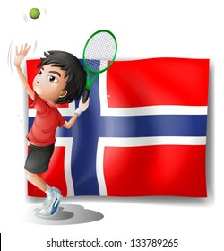 Illustration of a boy playing tennis in front of the Bouvet Island flag on a white background