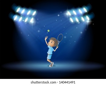 Illustration of a boy playing tennis in the middle of the stage