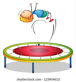 Illustration of a boy playing trampoline on a white background