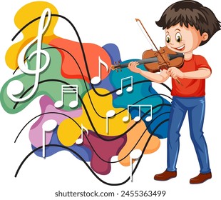 Illustration of a boy playing violin with vibrant musical notes.
