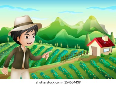 Illustration of a boy pointing at the barnhouse at the farm