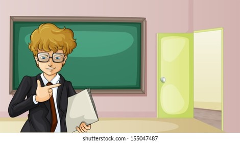 Illustration of a boy pointing at the open door