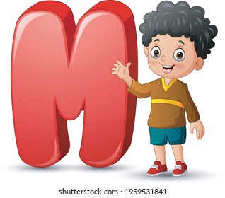 Illustration of a boy posing beside a letter M