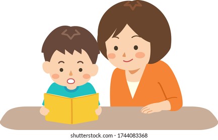 Ilustración de un niño que practica la lectura en voz alta y una madre que la vigila