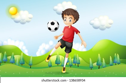 Illustration of a boy practicing soccer at the hill