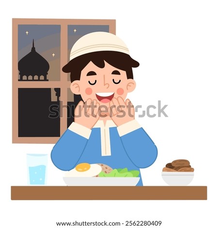 Illustration of a boy praying before eating