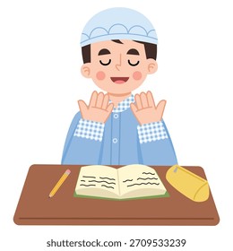 Ilustración de niño rezando en el escritorio