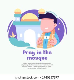 illustration of boy praying happily in mosque