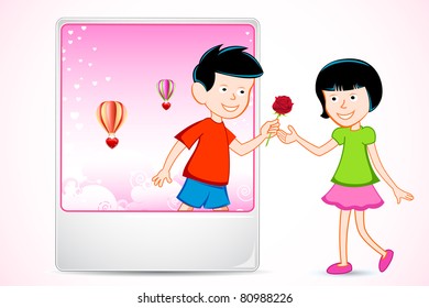 illustration of boy proposing girl coming out from photo frame