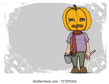 illustration of a boy with pumpkin head costume in halloween character. trick or treat background
