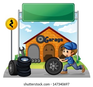Illustration of a boy pushing the tire below the empty signboard on a white background