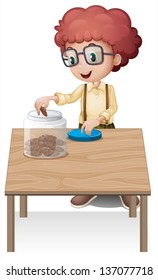 Illustration of a boy putting chips in the jar on a white background