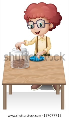 Illustration of a boy putting chips in the jar on a white background
