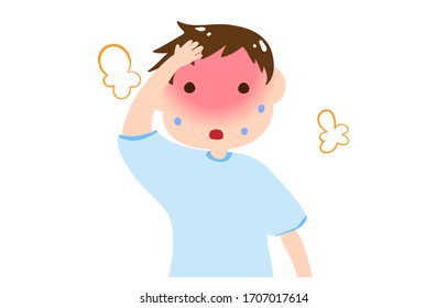 Ilustración de un niño poniéndole una mano en la frente con una cara roja